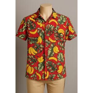 Good Vibes Banana Hawaiian Shirt Men’s M Red Tropical Fruit Button‎ Up Aloha